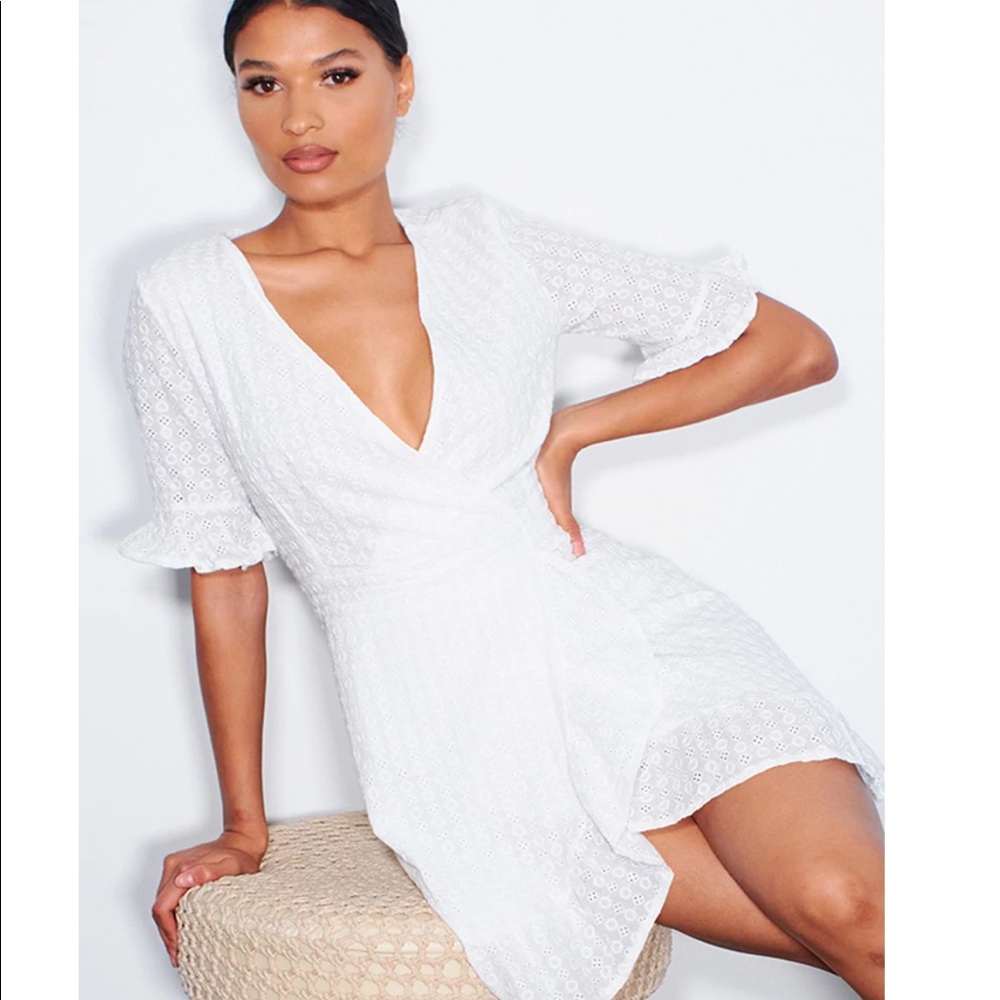 White Broiderie Frill Wrap Bodycon Dress